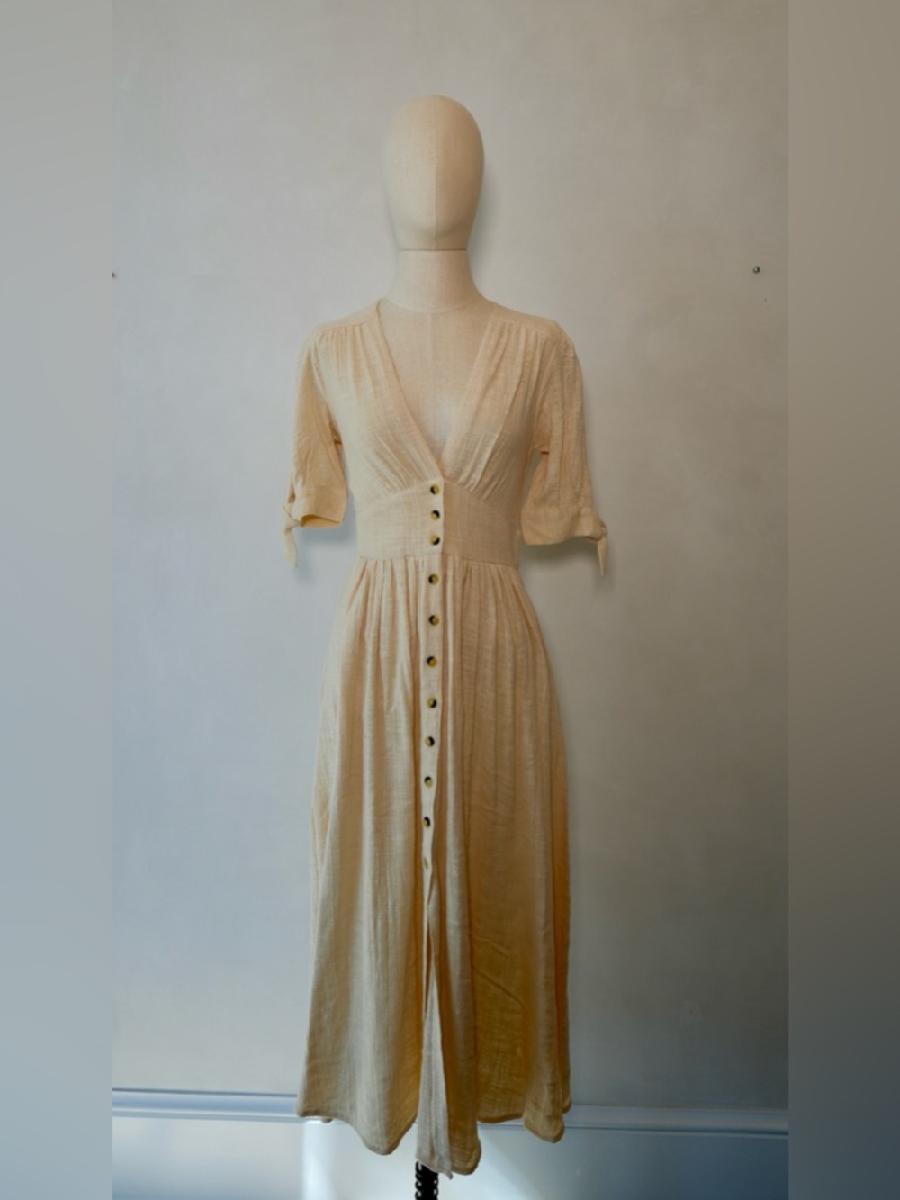 Free People Light Yellow Button-Front V-Neck Maxi with Tie Sleeves